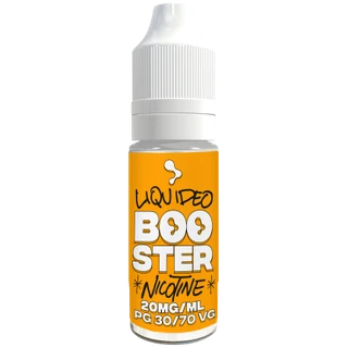 Frasco de Nicokit Liquideo con tapón blanco y etiqueta naranja que indica Booster Nicotine, 20 mg/ml y PG 30/70 VG.