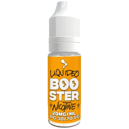 Frasco de Nicokit Liquideo con tapón blanco y etiqueta naranja que indica Booster Nicotine, 20 mg/ml y PG 30/70 VG.