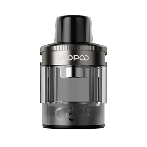 Pod Voopoo PNP X DTL mostrado de frente, con depósito transparente oscuro, boquilla negra y aro superior con el logotipo VOOPOO.