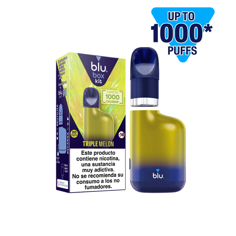 Blu Box Kit Triple Melon amarillo y azul junto a su caja, con el cartucho separado encima y una advertencia sobre nicotina.