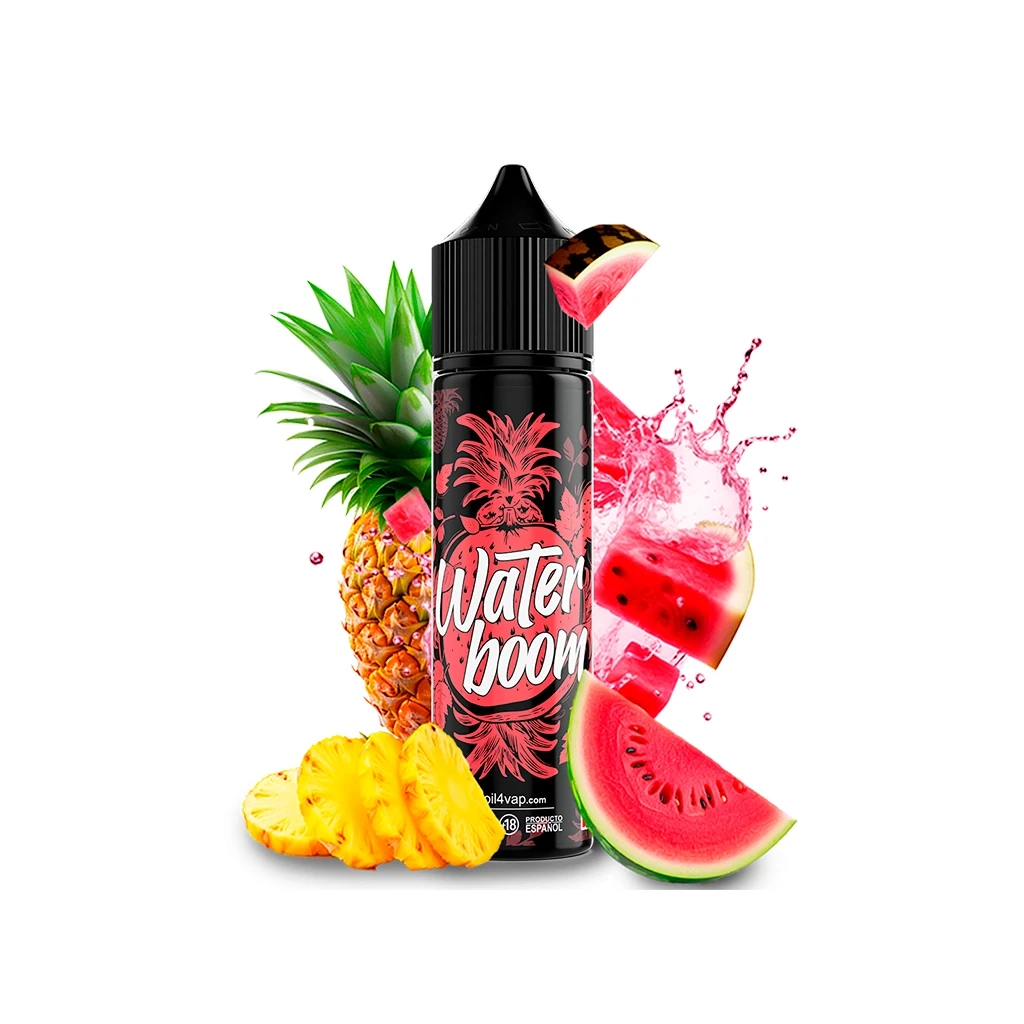 Frasco negro Oil4vap Waterboom con letras blancas y decoración rosa, rodeado de piña, trozos de sandía y una salpicadura rosa.