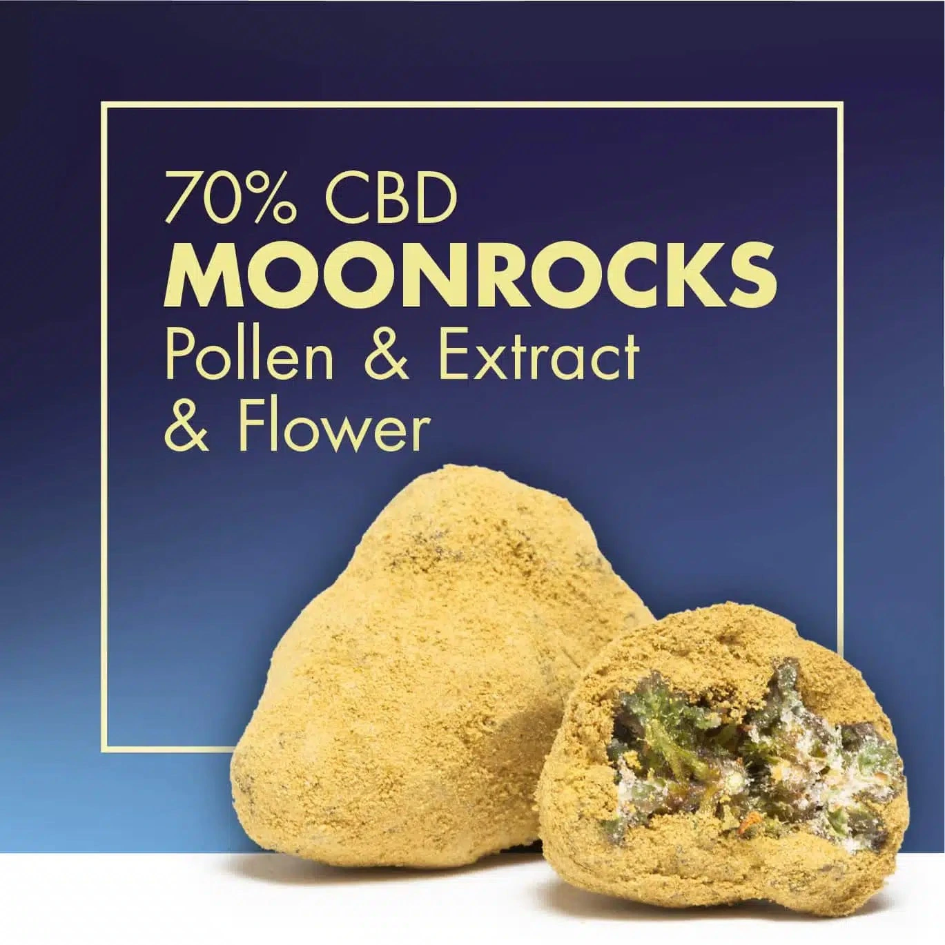 Moonrocks con recubrimiento amarillo, uno abierto mostrando el interior verde, ante un fondo con el texto «70% CBD».