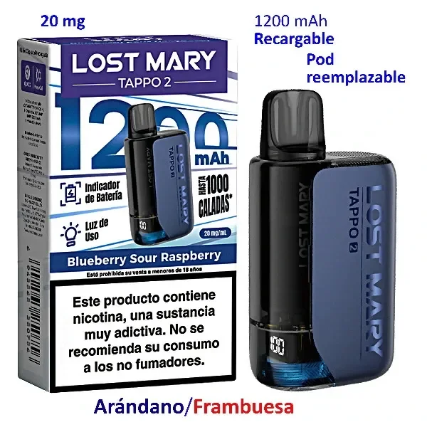 Lost Mary TAPPO 2 azul y negro junto a su caja Blueberry Sour Raspberry de 20 mg, con advertencia sobre la nicotina.