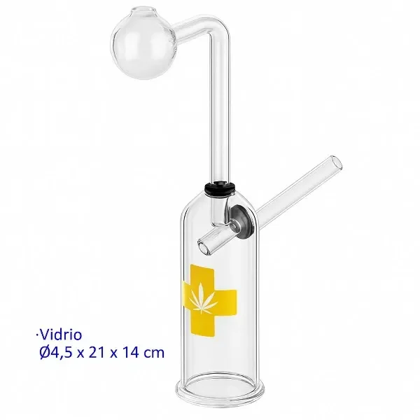 Pipa de vidrio transparente con base cilíndrica, tubo lateral inclinado y tubo superior curvo con cazoleta esférica; cruz amarilla con hoja.