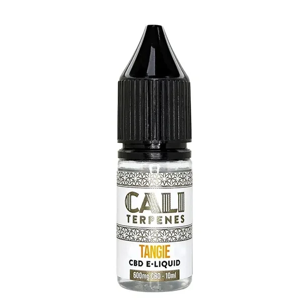 Frasco de CBD E-Liquid Cali Terpenes Tangie con tapón negro y etiqueta blanca que indica 600 mg de CBD y 10 ml.