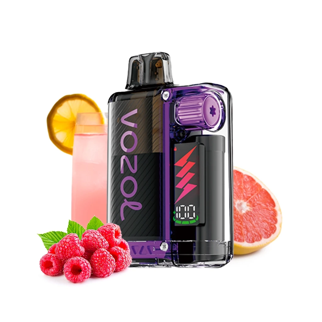 Vozol Vista Plug Pink Lemonade negro y violeta, con pantalla frontal, junto a frambuesas, cítricos y un vaso de bebida rosa. Vozol Vista Plug Pink Lemonade negro y violeta, con pantalla frontal, junto a frambuesas, cítricos y un vaso de bebida rosa.