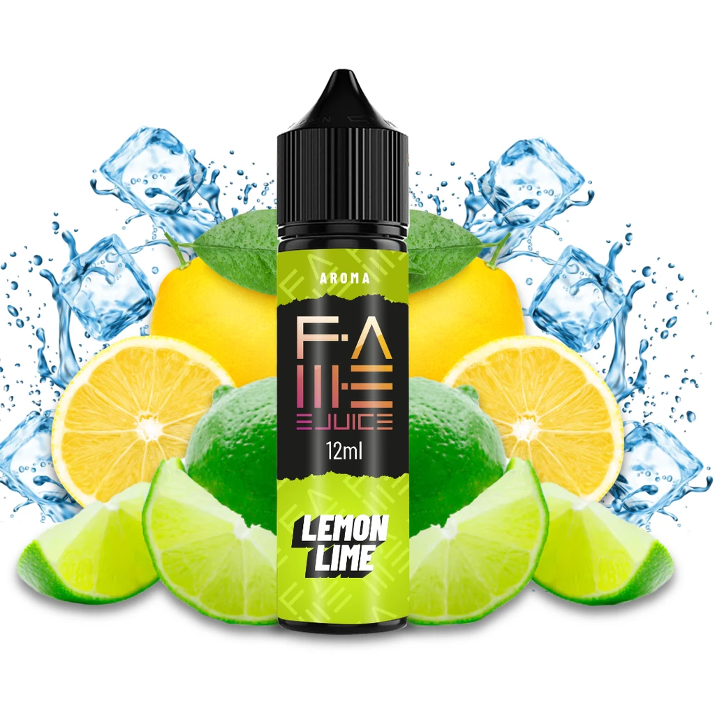 Frasco de aroma Lemon Lime de Fame Ejuice, con etiqueta de 12 ml y tapón negro, rodeado de limones, limas, cubitos y salpicaduras.
