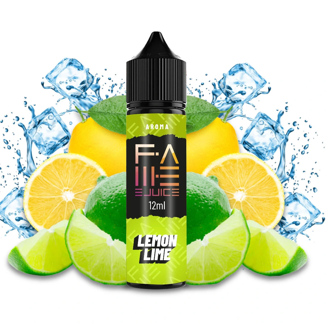 Frasco de aroma Lemon Lime de Fame Ejuice, con etiqueta de 12 ml y tapón negro, rodeado de limones, limas, cubitos y salpicaduras.