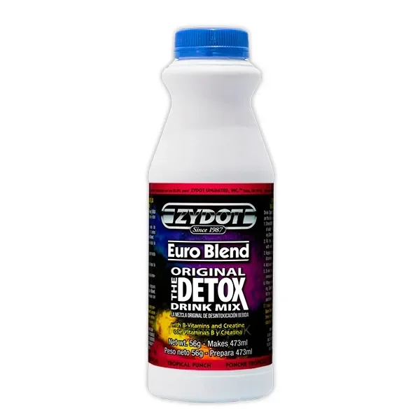 Botella blanca de Zydot Euro Blend con tapón azul y etiqueta negra y morada con el texto «Original Detox Drink Mix», sobre fondo blanco.
