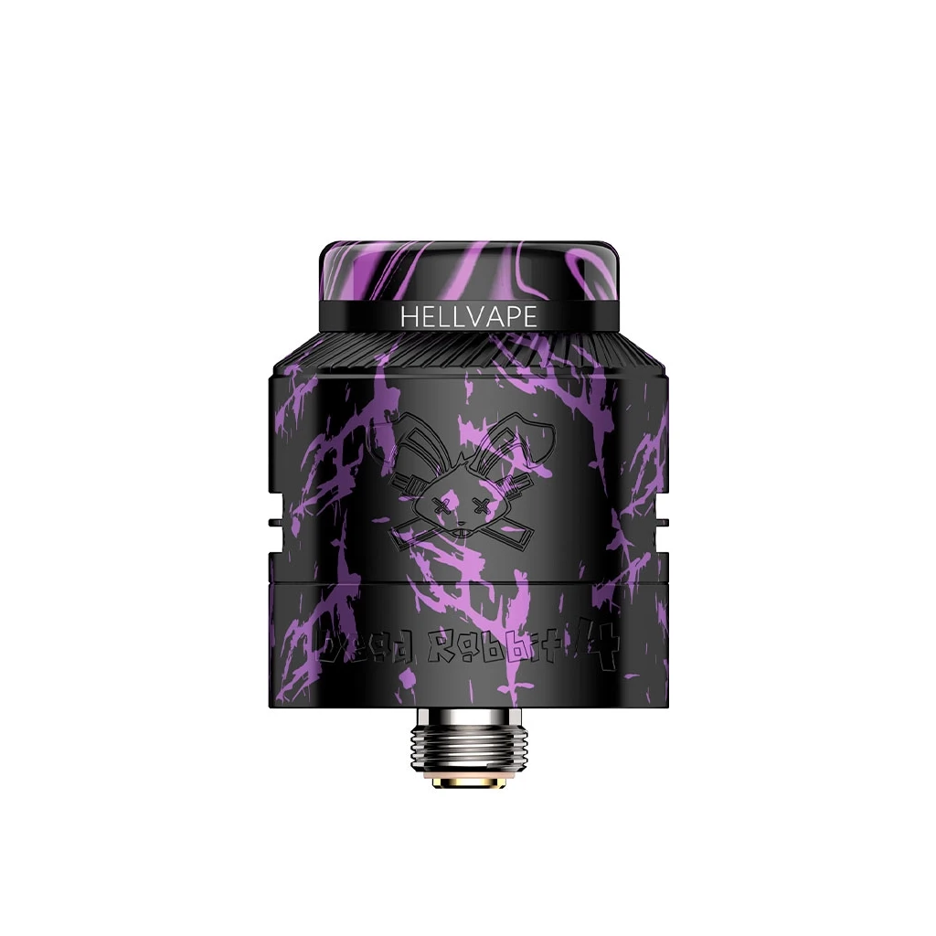 Atomizador Hellvape Dead Rabbit 4 RDA negro con trazos morados, emblema de conejo grabado y conexión roscada visible sobre fondo blanco.