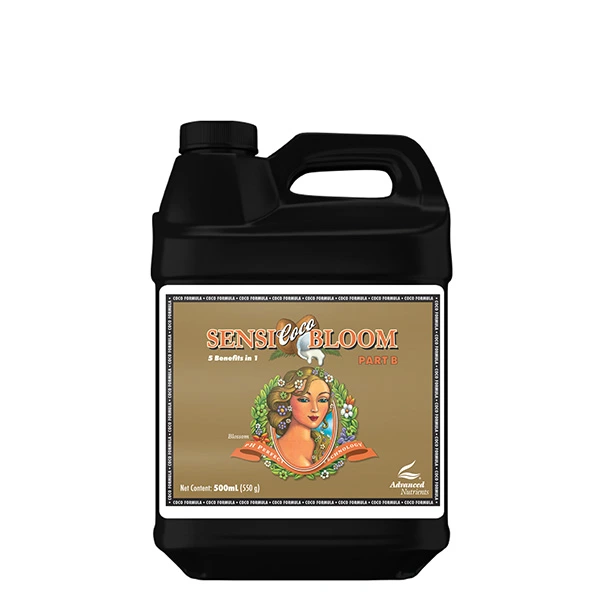 Garrafa negra de Sensi Coco Bloom Part B de Advanced Nutrients, con asa y etiqueta ilustrada de 500 ml sobre fondo blanco.