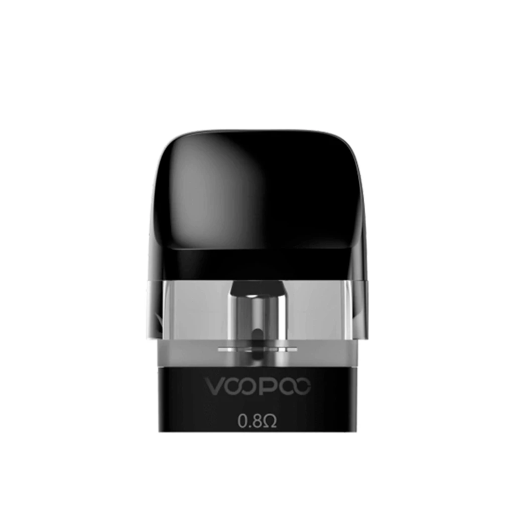 Cartucho de recambio Voopoo con boquilla negra, depósito transparente y resistencia marcada de 0,8 Ω, sobre fondo blanco. Cartucho de recambio Voopoo con boquilla negra, depósito transparente y resistencia marcada de 0,8 Ω, sobre fondo blanco.