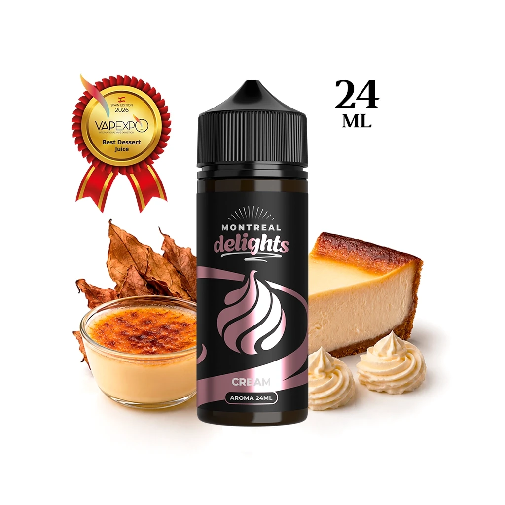 Frasco Montreal Delights Cream de 24 ml con etiqueta negra y rosa, rodeado de postres cremosos, hojas marrones y una insignia dorada.