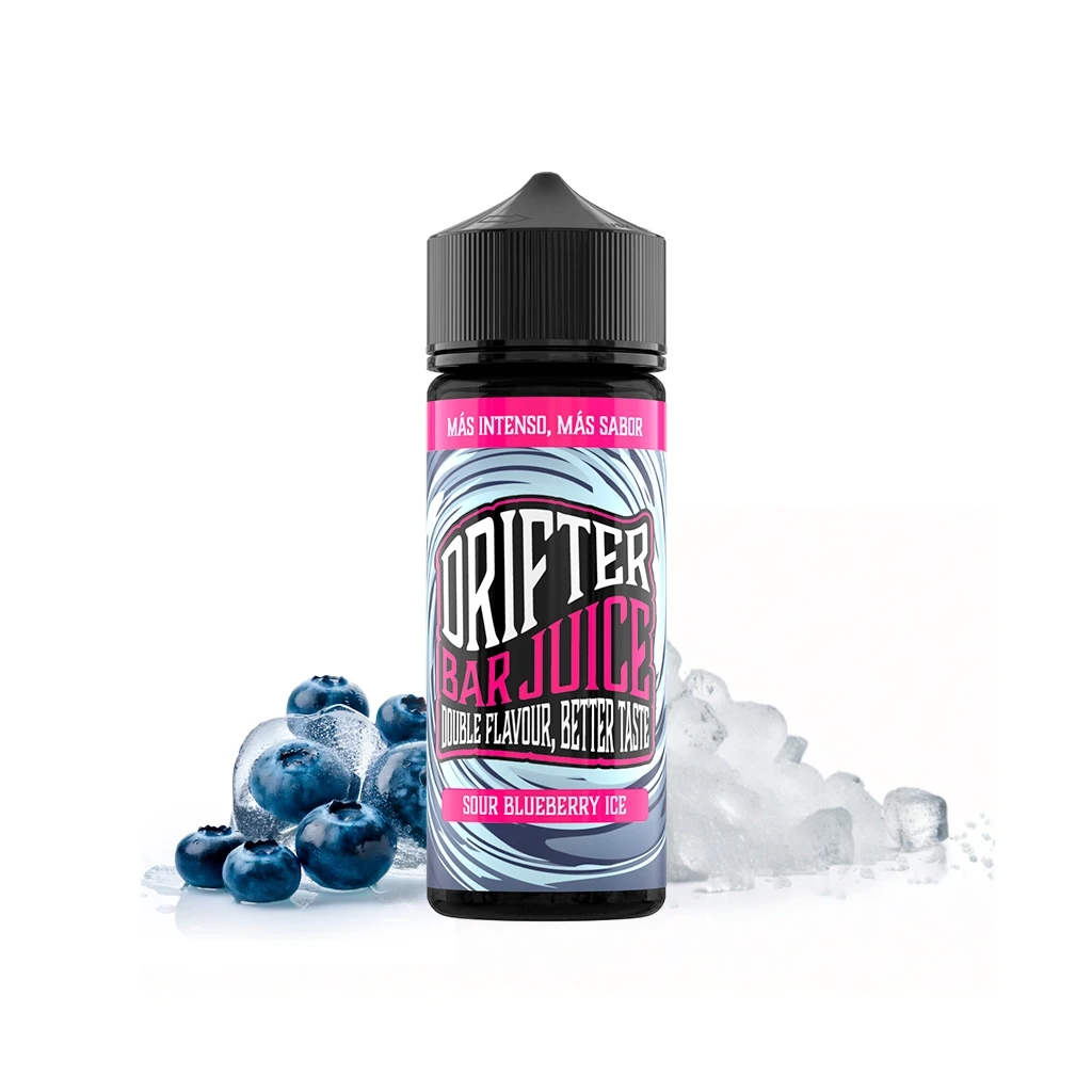 Botella Drifter Bar Juice Sour Blueberry Ice con tapón negro y etiqueta azul y rosa, acompañada de arándanos y hielo sobre fondo blanco.