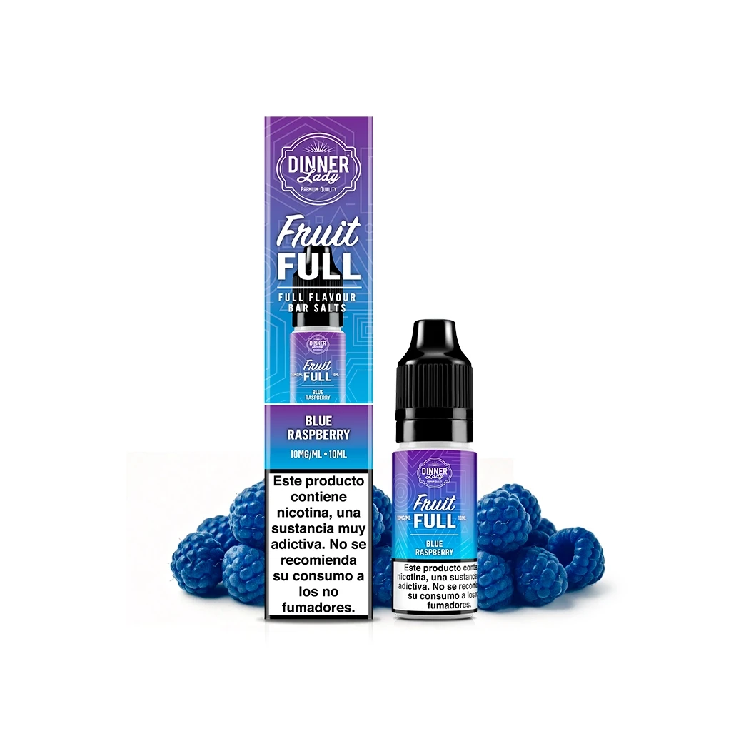 Caja y frasco de Dinner Lady Fruit Full Blue Raspberry, con etiquetas azules y moradas, advertencias de nicotina y frutos azules alrededor.