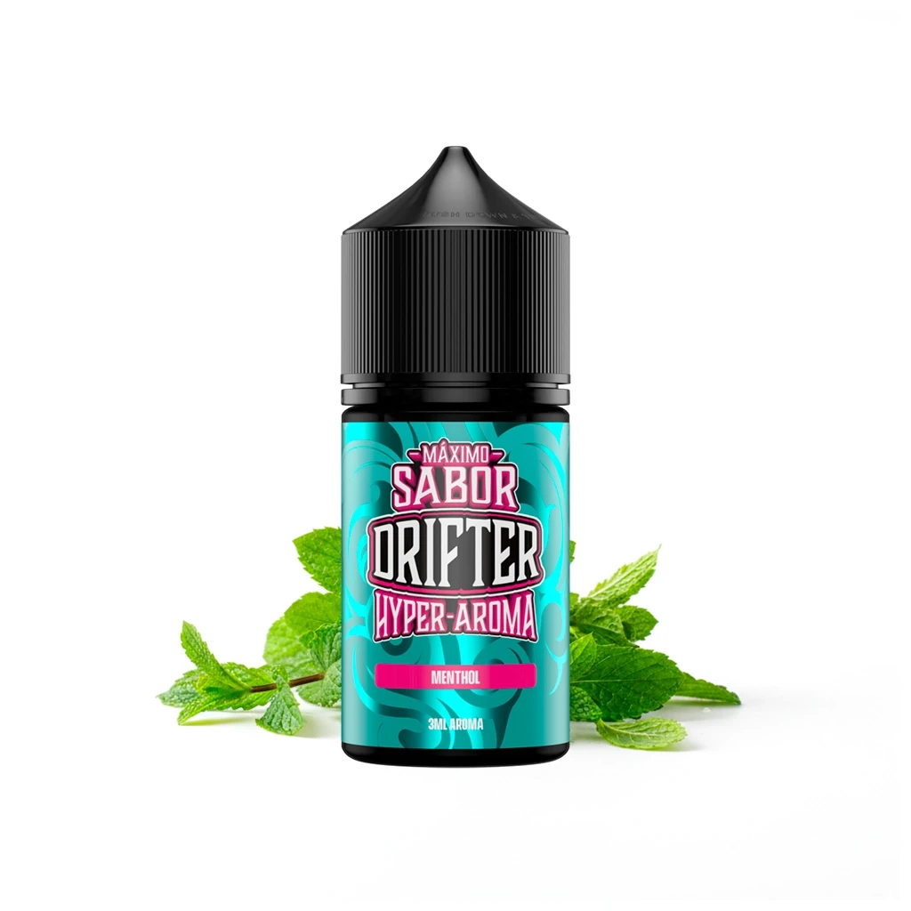 Frasco Drifter Hyper Menthol de 3 ml con etiqueta turquesa, tapón negro y hojas de menta alrededor sobre fondo blanco.