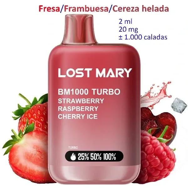 Vapeador rojo Lost Mary BM1000 Turbo Strawberry Raspberry Cherry Ice, rodeado de fresas, frambuesas, cerezas y hielo; texto de 20 mg.