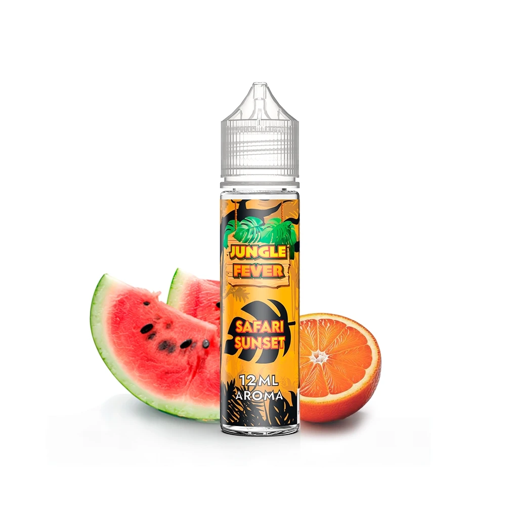 Frasco Jungle Fever Safari Sunset de 12 ml con etiqueta naranja y tapón transparente, acompañado de sandía y media naranja.