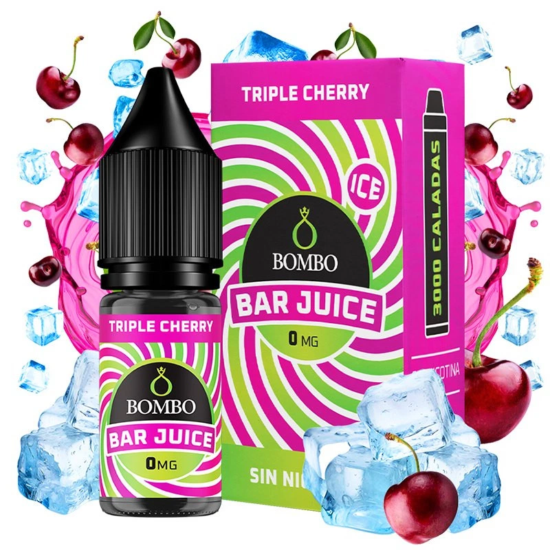 Frasco y caja de Triple Cherry Ice Bar Juice de Bombo, en rosa y verde con indicación de 0 mg, rodeados de cerezas y cubitos de hielo.