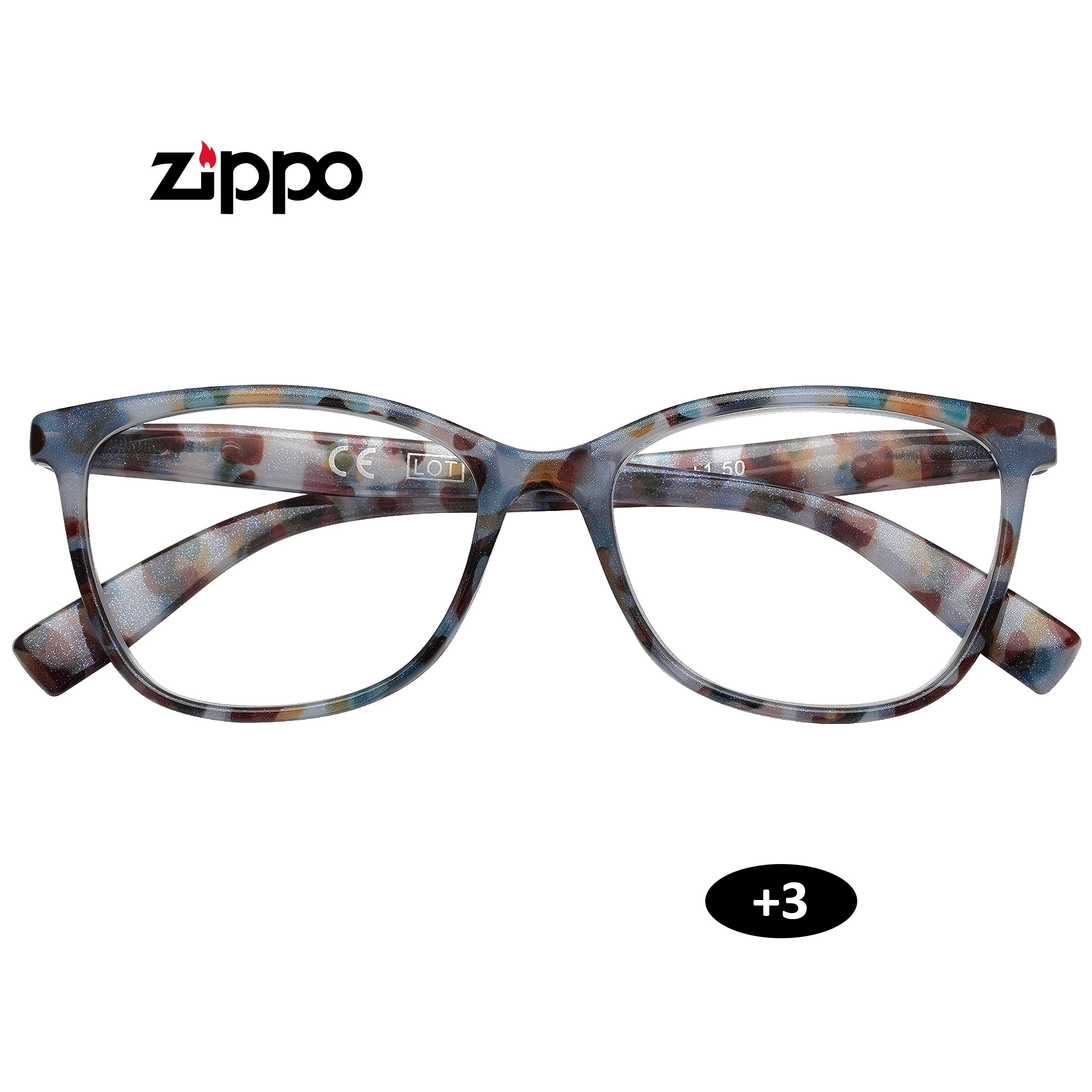 Gafas de lectura Zippo de montura rectangular con manchas multicolor, vistas de frente sobre fondo blanco y con indicación +3.