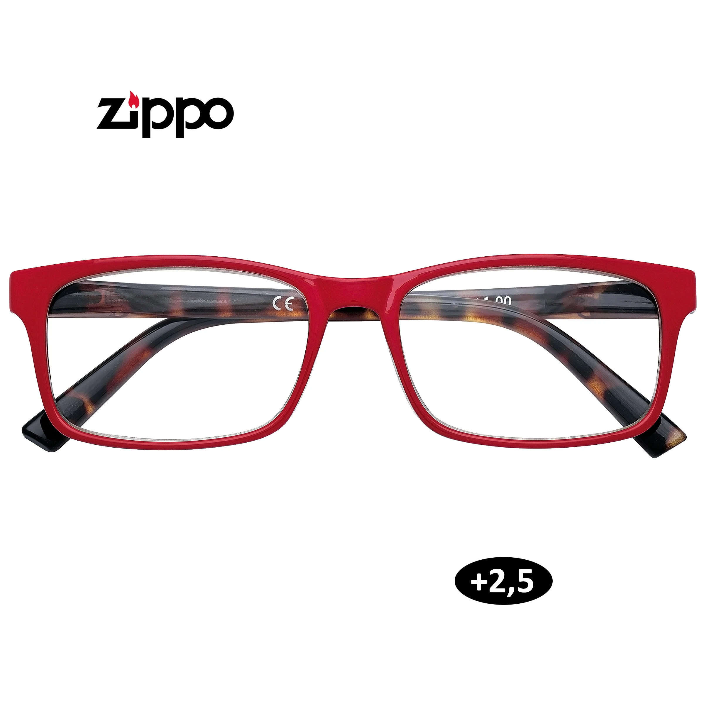 Gafas de lectura Zippo con frontal rectangular rojo y patillas oscuras moteadas, vistas de frente, con indicación +2,5.