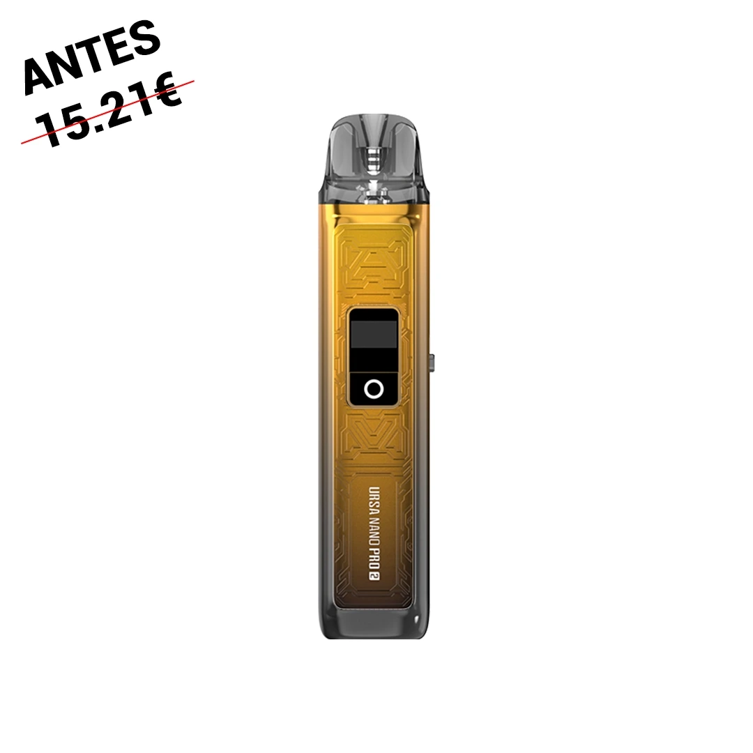 Lost Vape Ursa Nano Pro 2 en posición vertical, con cuerpo dorado, boquilla translúcida oscura, pantalla y botón frontal.