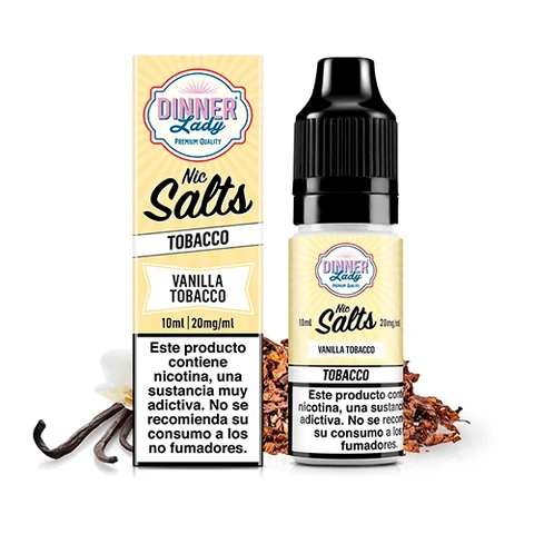 Frasco y caja amarilla Dinner Lady Vanilla Tobacco Nic Salts, con vainas de vainilla y tabaco sobre fondo blanco.