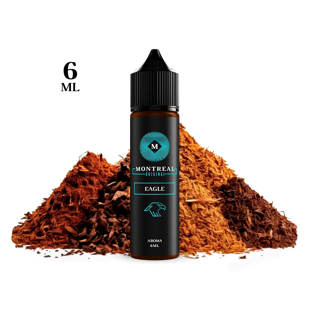 Frasco Montreal Original Eagle con etiqueta negra y turquesa, delante de montones de tabaco sobre fondo blanco.