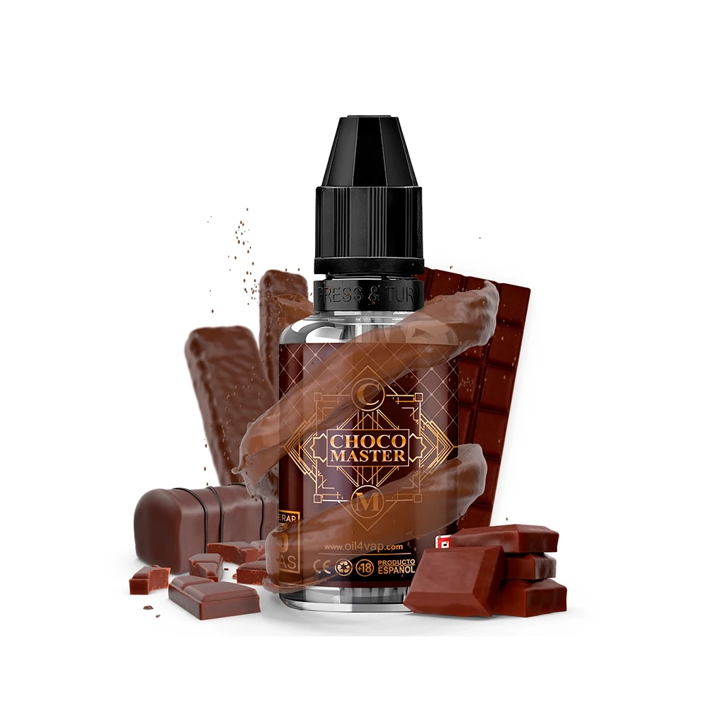 Frasco Oil4vap Choco Master con tapón negro y etiqueta marrón y dorada, rodeado de tabletas y trozos de chocolate sobre fondo blanco.