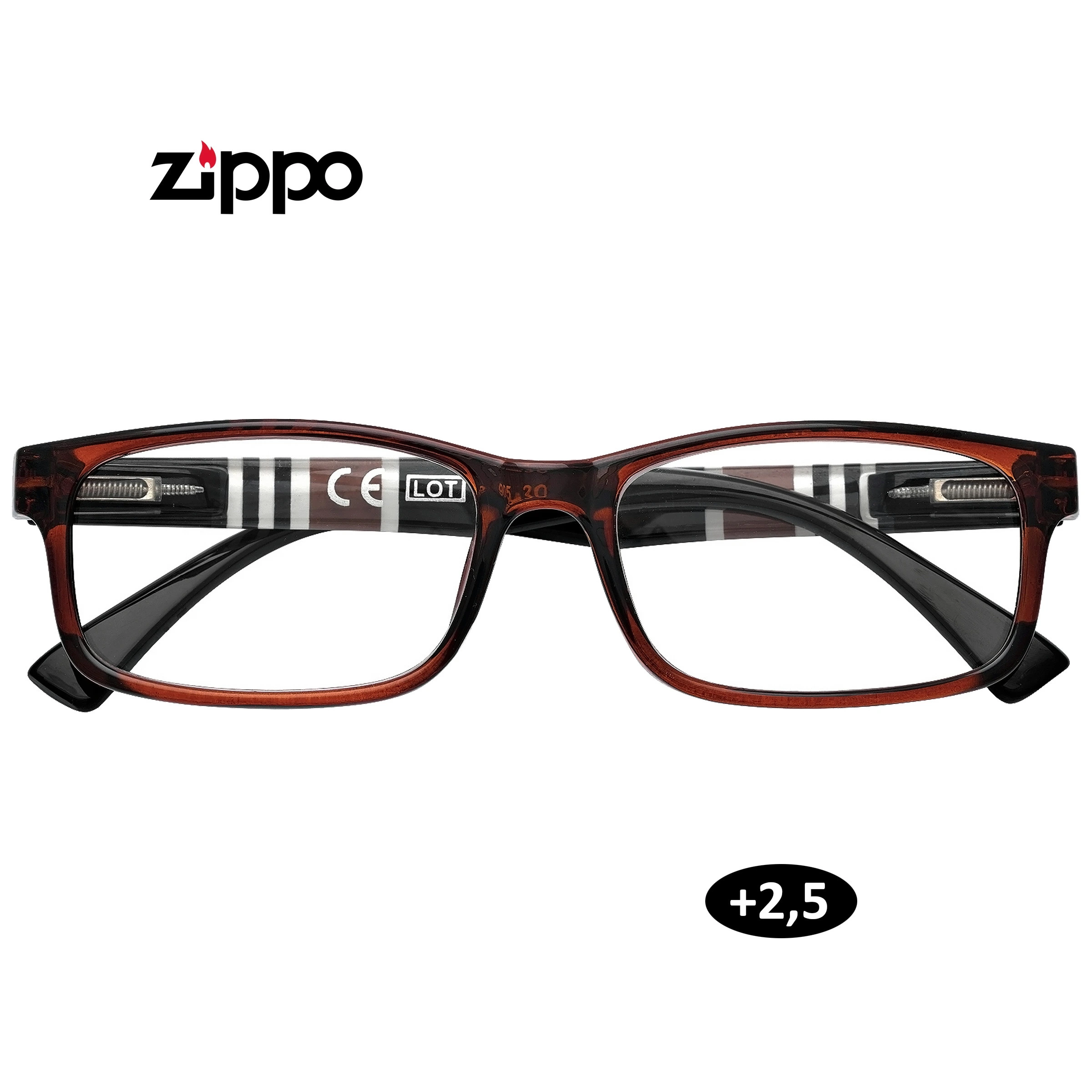Gafas de lectura Zippo de montura rectangular marrón veteada, vistas de frente con las patillas plegadas y la indicación +2,5.
