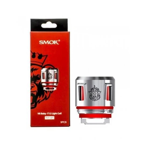 Resistencia SMOK TFV8 Baby-T12 Red Light con cuerpo plateado y juntas rojas, junto a su caja roja marcada con 5PCS.