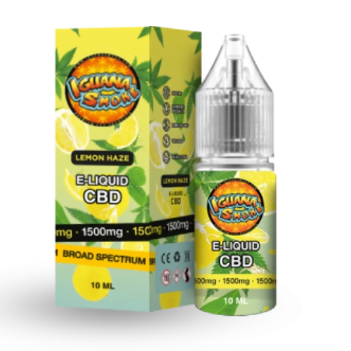 E-líquido Lemon Haze de Iguana Smoke en frasco de 10 ml con tapón transparente, junto a su caja amarilla y verde con dibujos de limones y hojas.