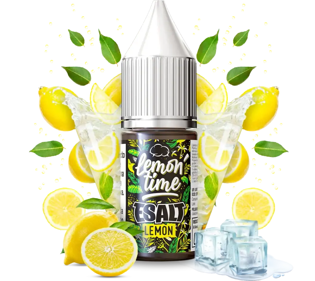Frasco Lemon Time Lemon E-salt con tapón blanco, rodeado de limones, hojas verdes, vasos con rodajas de limón y cubitos de hielo sobre fondo negro.