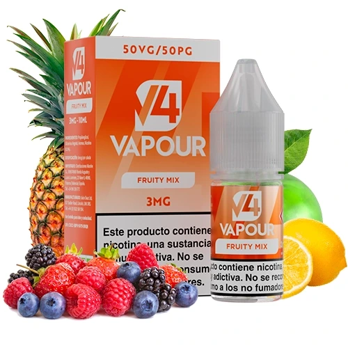 Caja y frasco V4 Vapour Fruity Mix con etiqueta naranja y texto 3MG, rodeados de piña, cítricos y frutos rojos sobre fondo blanco.