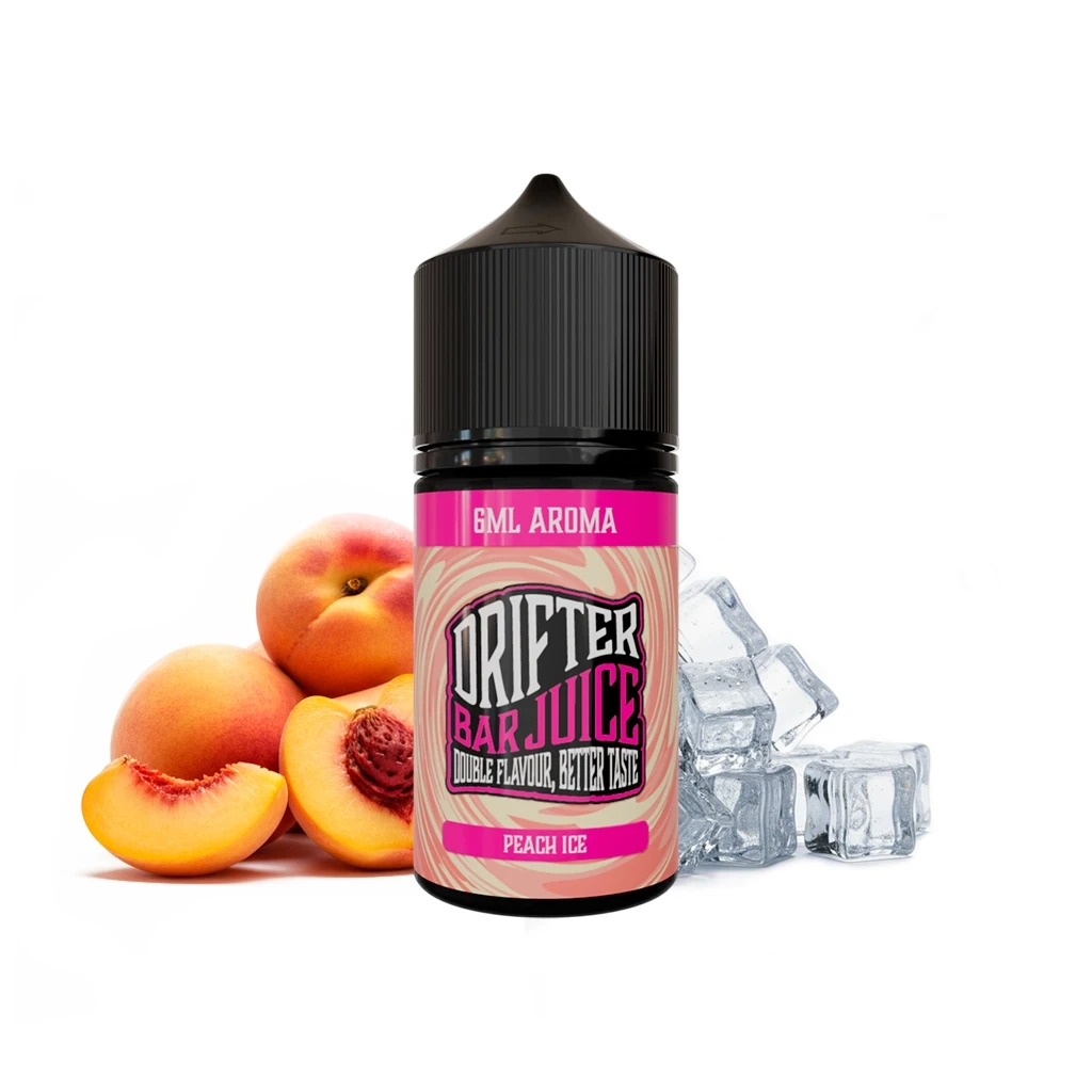 Frasco Drifter Bar Peach Ice de 6 ml con tapón negro y etiqueta rosa, acompañado de melocotones cortados y cubitos de hielo.