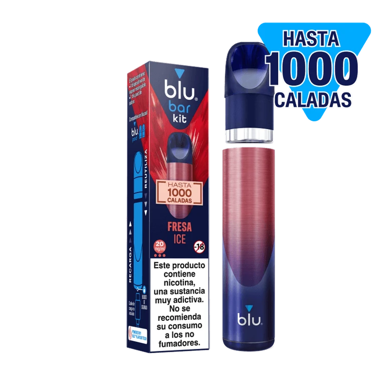 Blu Bar Kit Fresa Ice 20 mg con caja, dispositivo azul y rosa y boquilla separada sobre fondo negro.