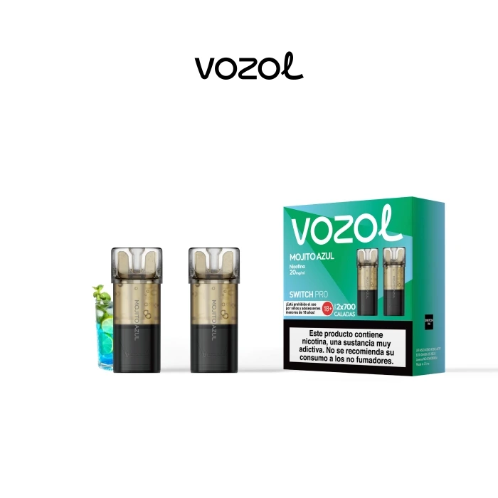 Dos pods Vozol Switch Pro Mojito Azul con base negra y depósito translúcido junto a su caja verde con advertencia sobre nicotina.