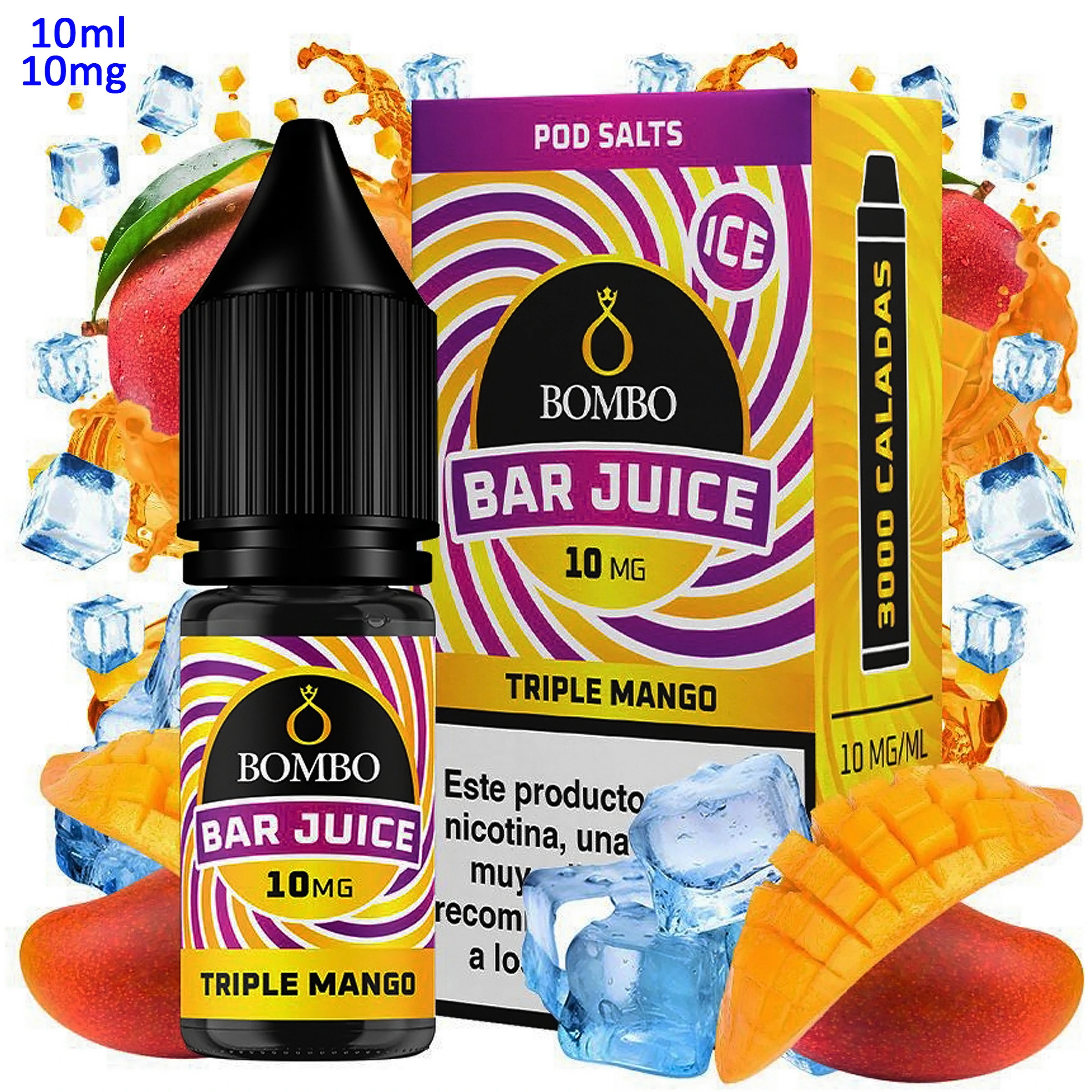 Bote y caja de Bar Juice by Bombo Triple Mango Ice de 10 ml y 10 mg/ml, con mangos y cubitos de hielo alrededor.