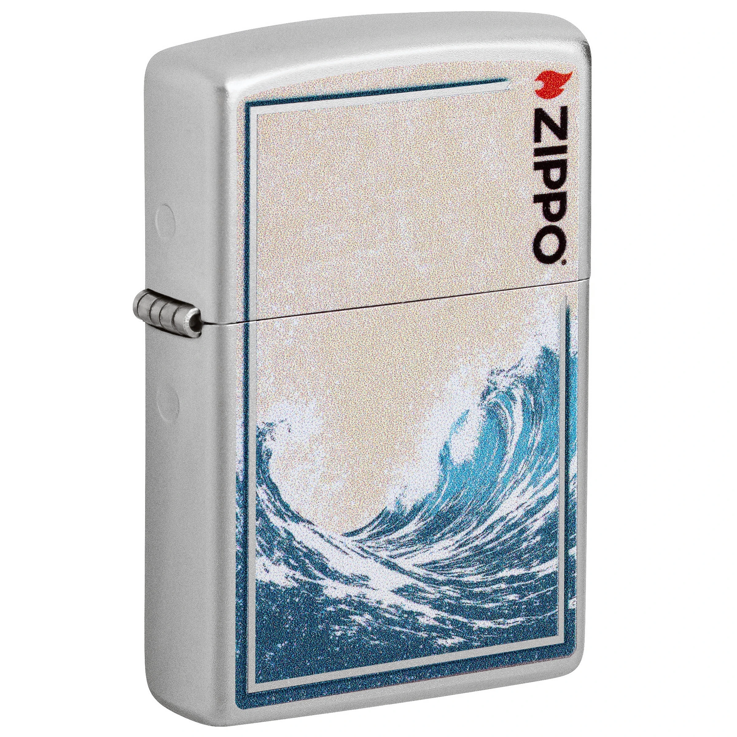 Encendedor Zippo 205 Waves Design plateado y cerrado, con una ola azul enmarcada y el logotipo vertical en una esquina.