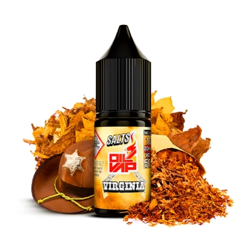 Frasco Oil4Vap Salts Virginia con tapón negro y etiqueta amarilla, rodeado de hojas de tabaco junto a un sombrero marrón.