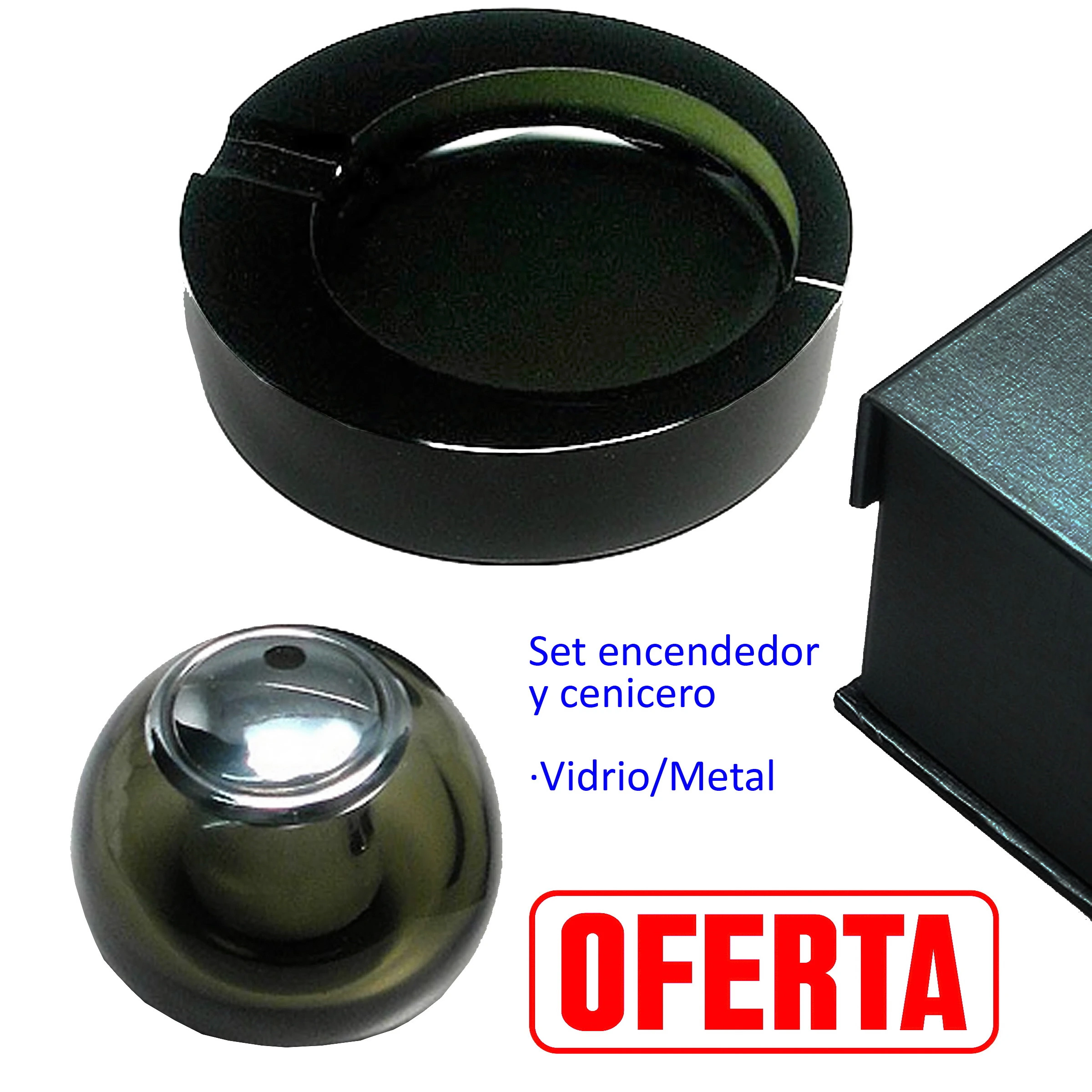 Set con cenicero circular oscuro y encendedor de cuerpo redondeado y tapa plateada, junto a una caja negra parcialmente visible.