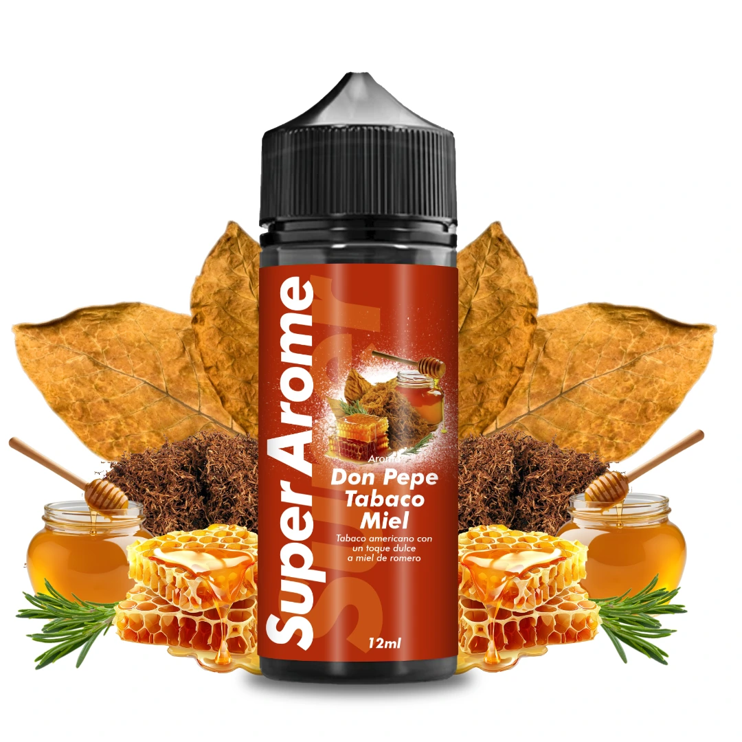 Frasco de aroma Don Pepe Tabaco Miel de Super Arome, con etiqueta roja, rodeado de hojas de tabaco, panales y tarros de miel.