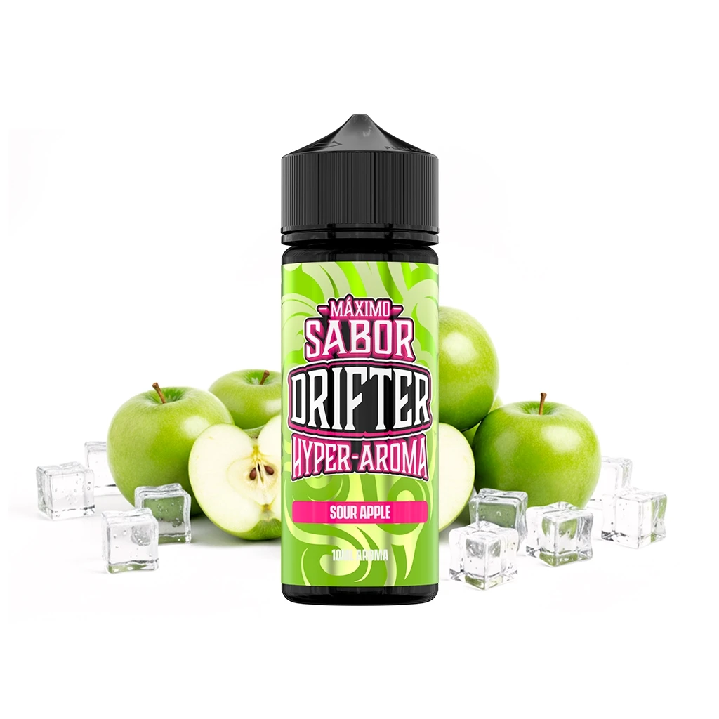 Frasco Drifter Hyper-Aroma Sour Apple de etiqueta verde y tapón negro, con manzanas verdes enteras y partidas y cubitos de hielo.