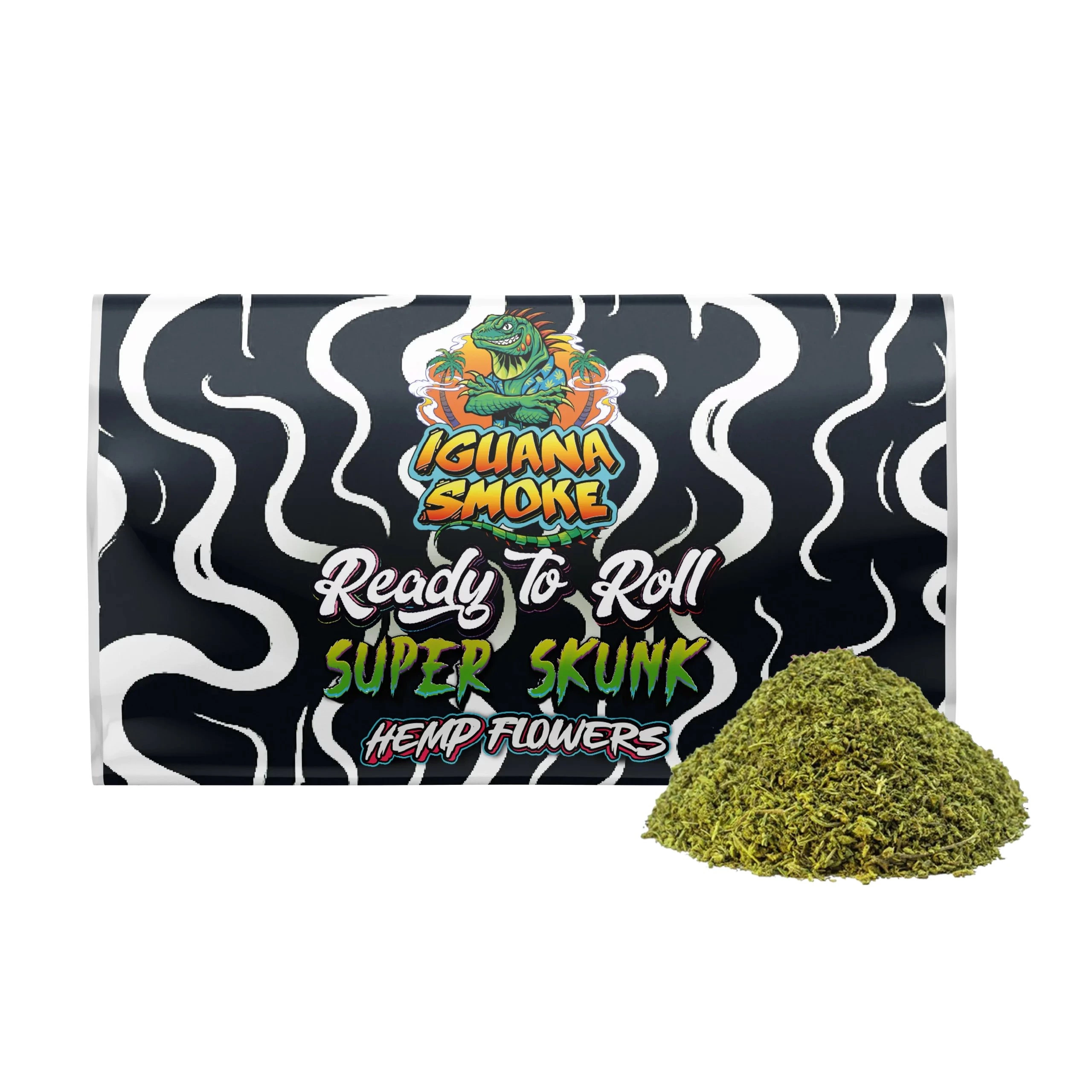Envase negro con ondas blancas de Iguana Smoke Ready To Roll Super Skunk y un montículo de picadura verde situado delante.
