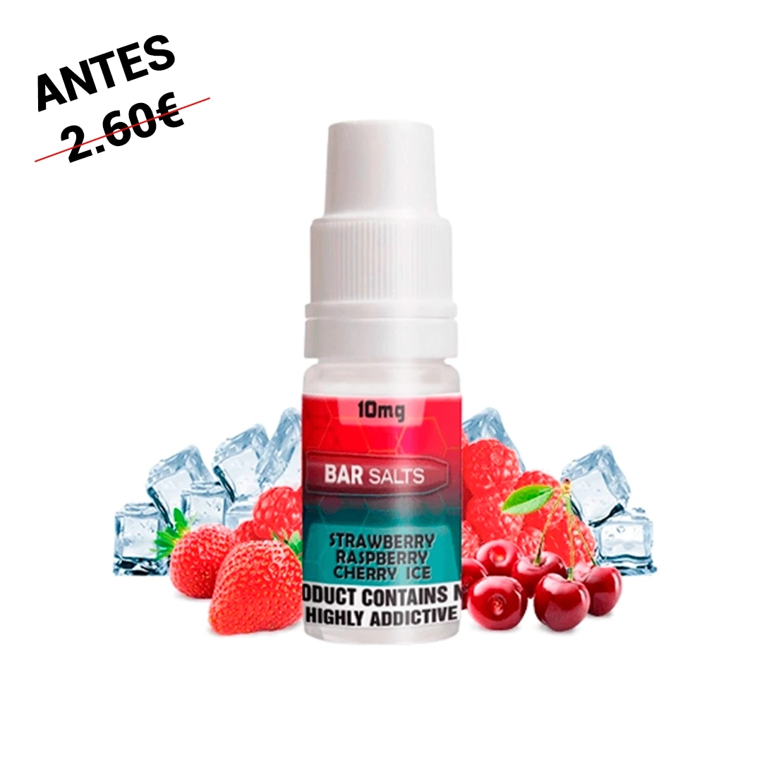 Frasco Bar Salts Strawberry Raspberry Cherry Ice con tapón blanco y etiqueta de 10 mg, rodeado de fresas, frambuesas, cerezas y hielo.