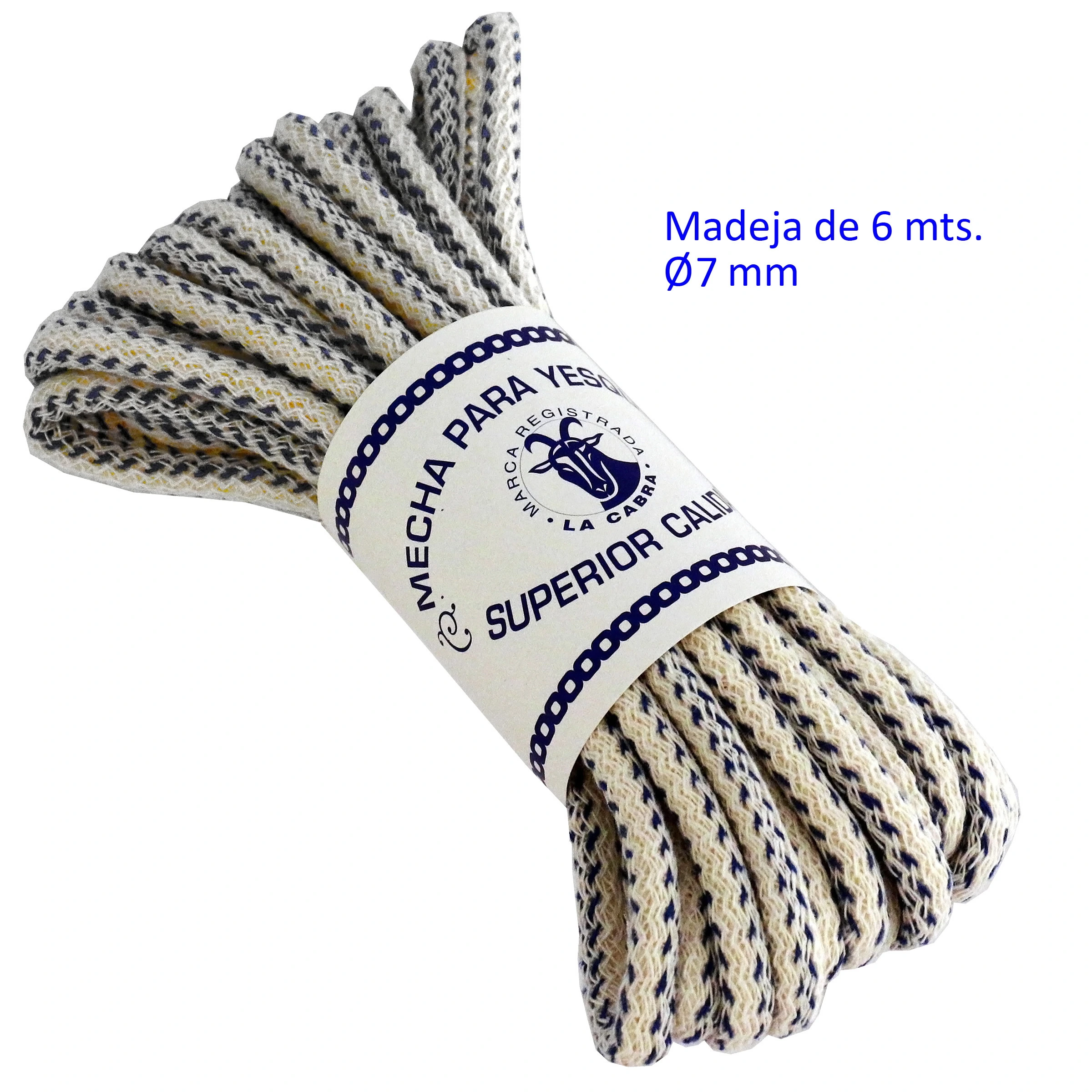 Madeja de mecha trenzada clara con hebras oscuras, doblada y sujeta por una etiqueta de La Cabra, sobre fondo blanco.