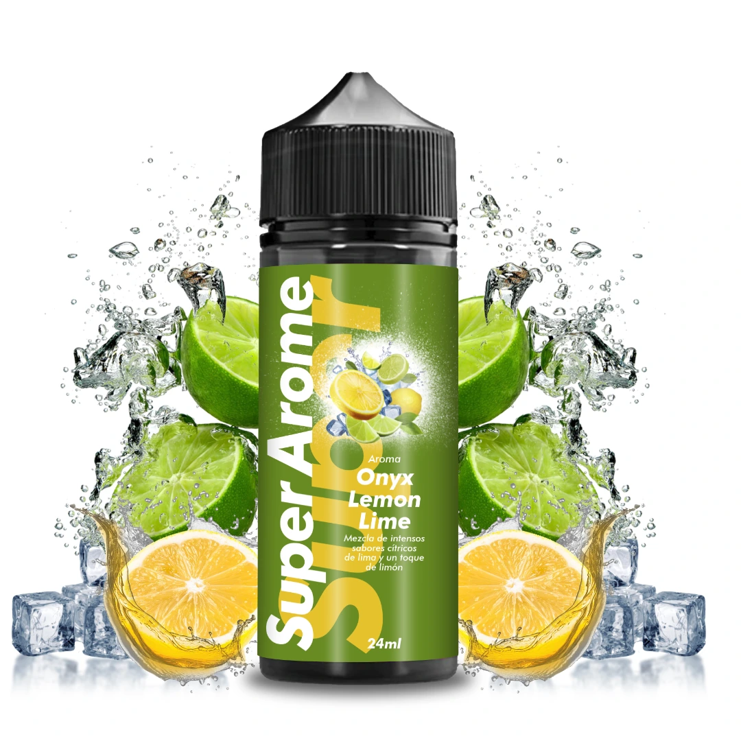 Frasco Super Arome Onyx Lemon Lime de 24 ml con etiqueta verde y tapón negro, rodeado de limas, limones, hielo y salpicaduras.
