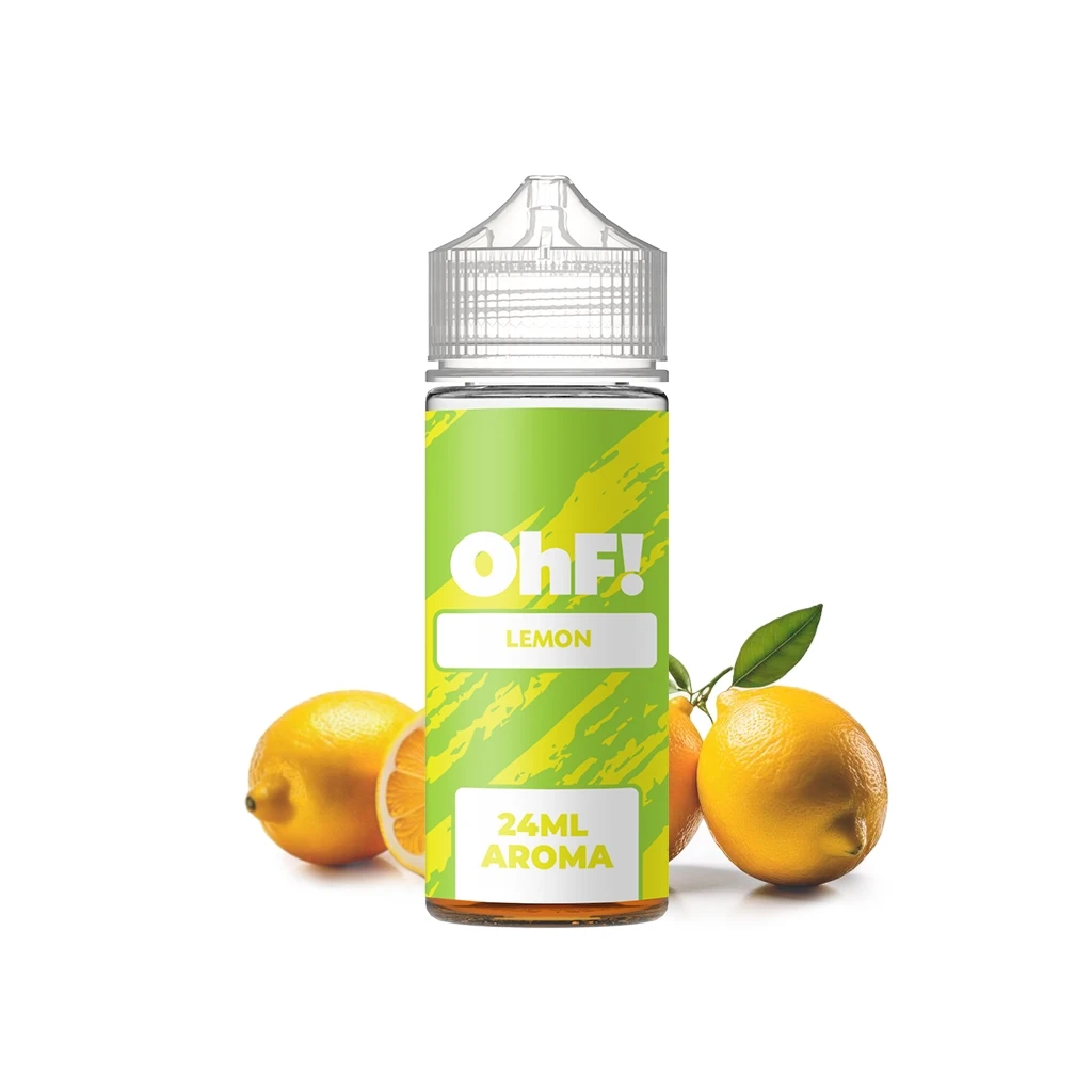 Frasco OhF! Lemon con etiqueta verde y amarilla que indica «24 ml aroma», tapón transparente y limones detrás sobre fondo blanco.