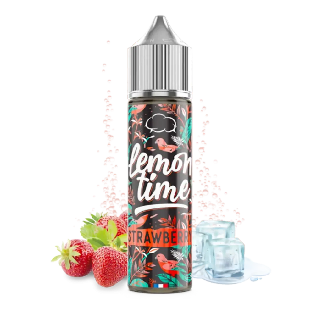 Frasco Lemon Time Strawberry con tapón plateado y etiqueta floral, acompañado de fresas y cubitos de hielo sobre fondo negro.