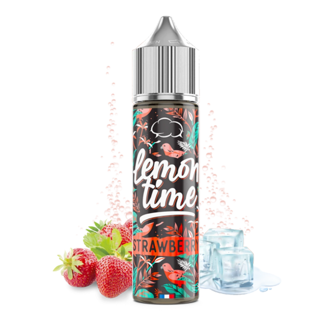 Frasco Lemon Time Strawberry con tapón plateado y etiqueta floral, acompañado de fresas y cubitos de hielo sobre fondo negro.